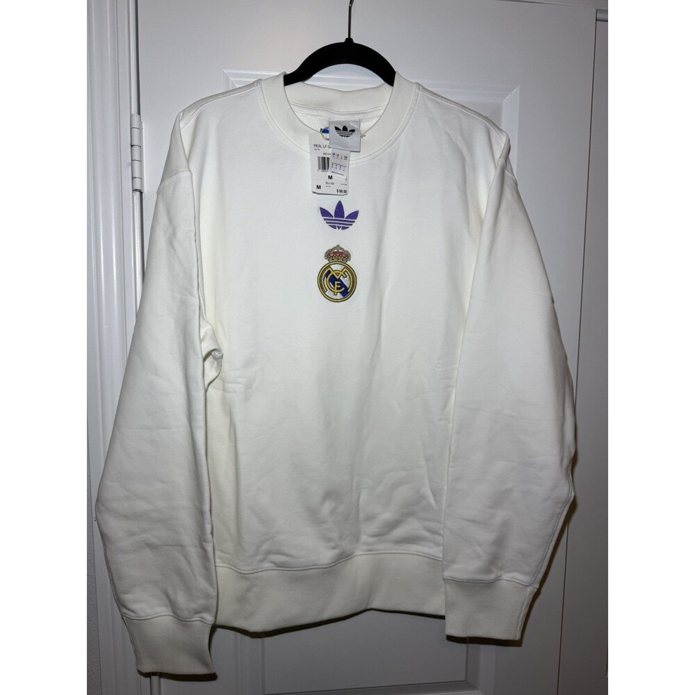 Adidas Real Madrid Crewneck Sweatshirt Track Top White Sz Mens Medium KC7790 NWT